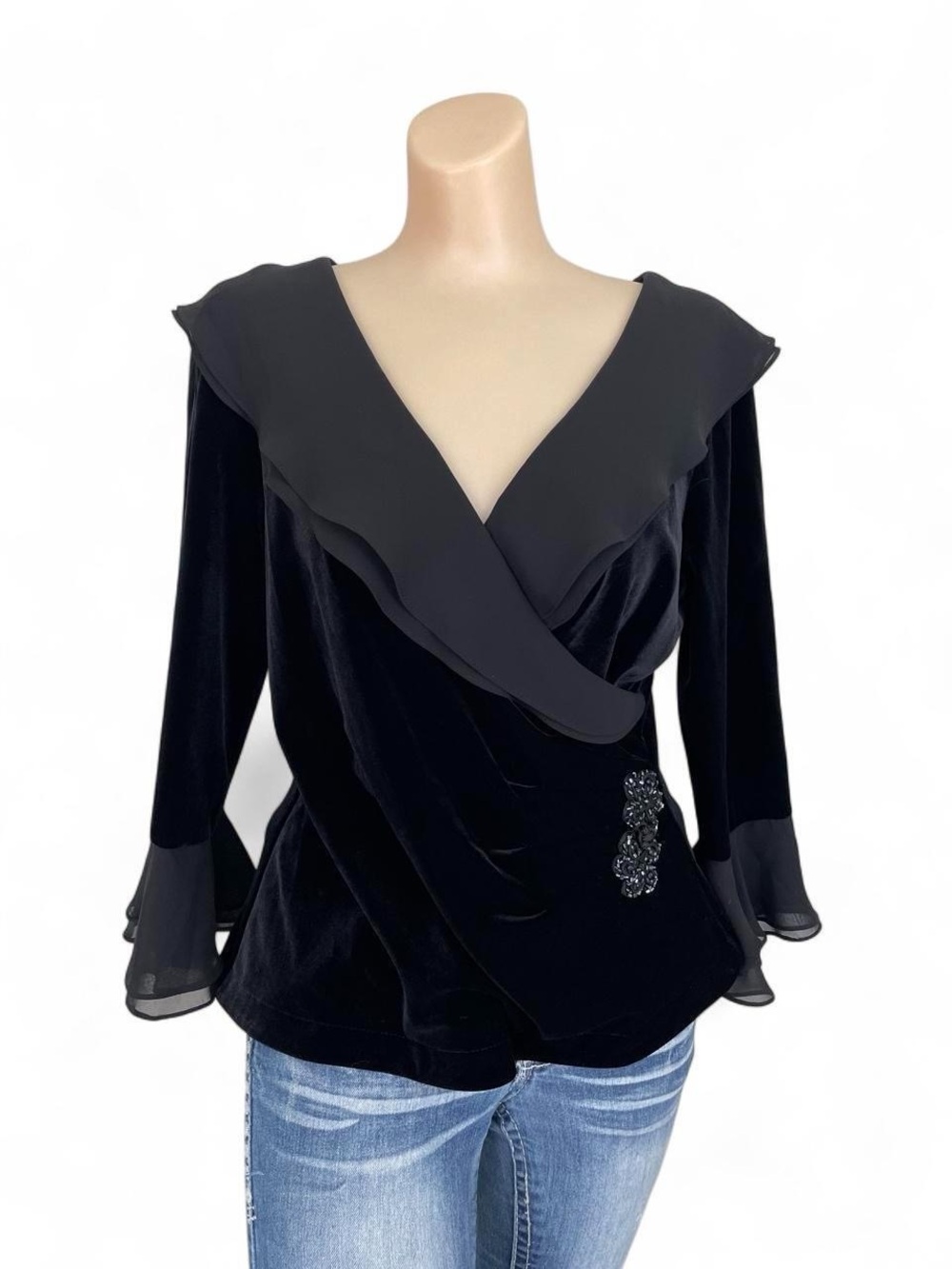 Jackie Jon black velvet & chiffon 3/4 sleeve wrap blouse